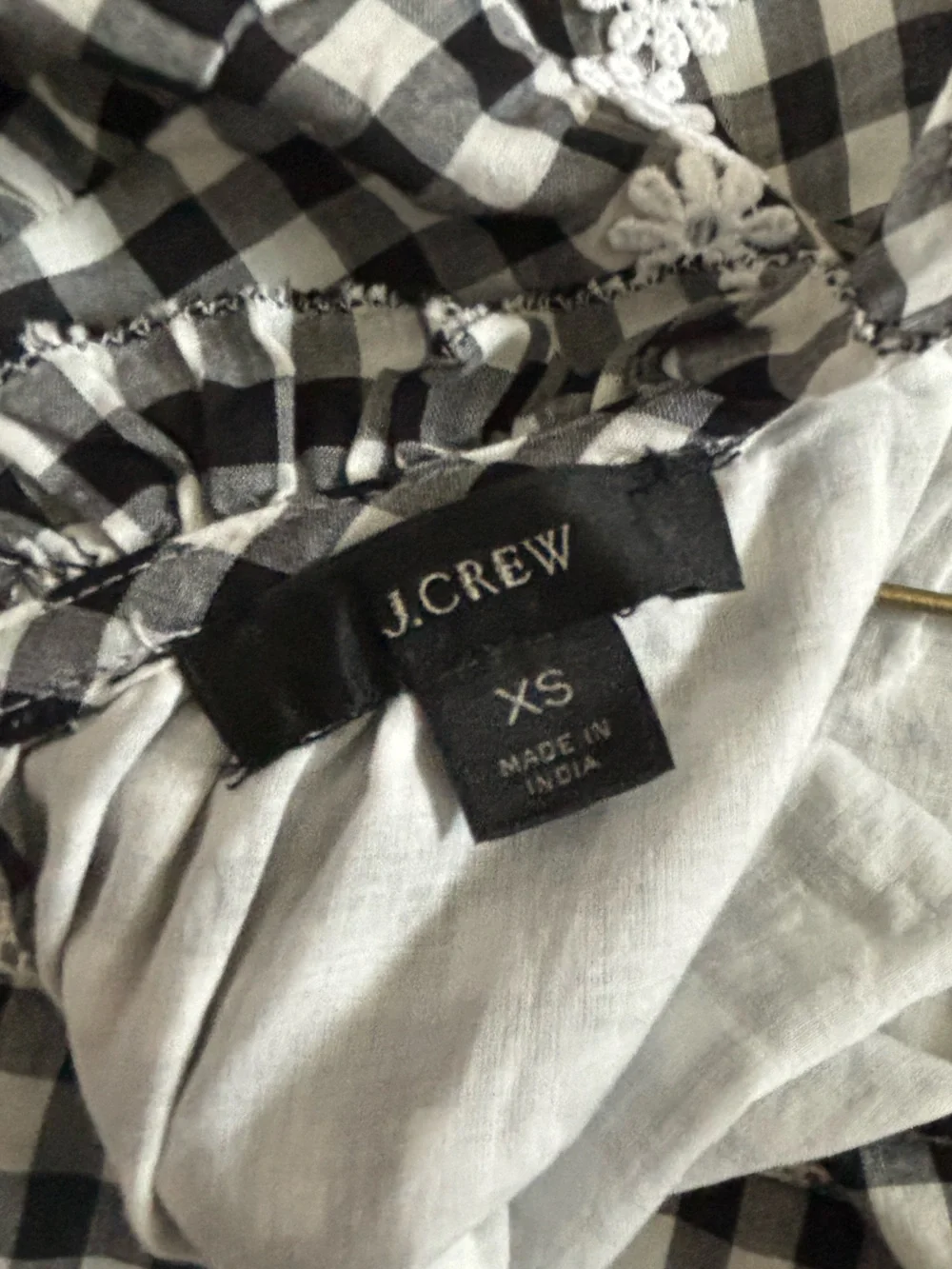 J. Crew Black and White Gingham Lace-Trim Peasant Blouse